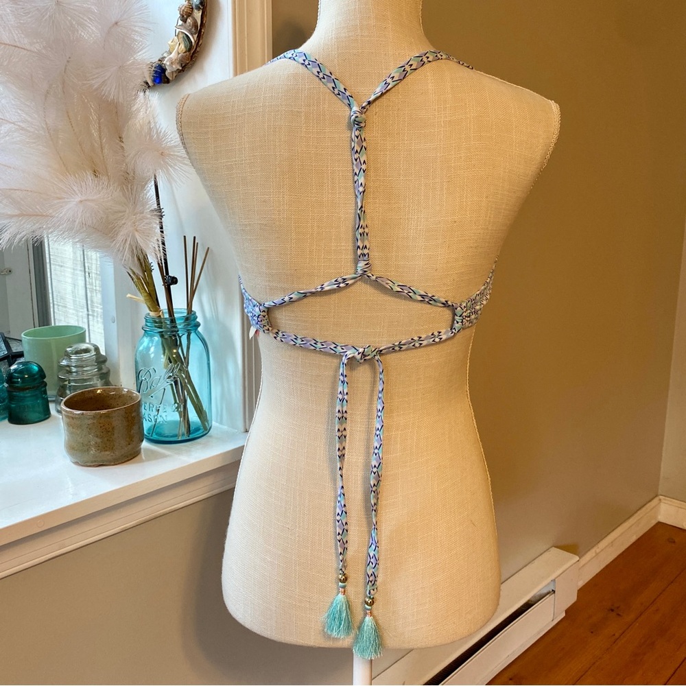 VS Bikini Swim Top Blue Aqua Unique Back Tassels Adjustable Push Up Padded 34DD - Picture 4 of 6